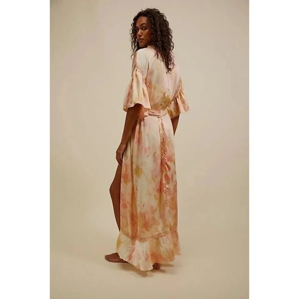 NWOT Free People abstract tie dye print satin effect & lace accent washed robe - Picture 6 of 16
